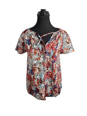 NWOT | Terracotta Floral Flutter Sleeve Tie Neck Top Botanical Print | Small